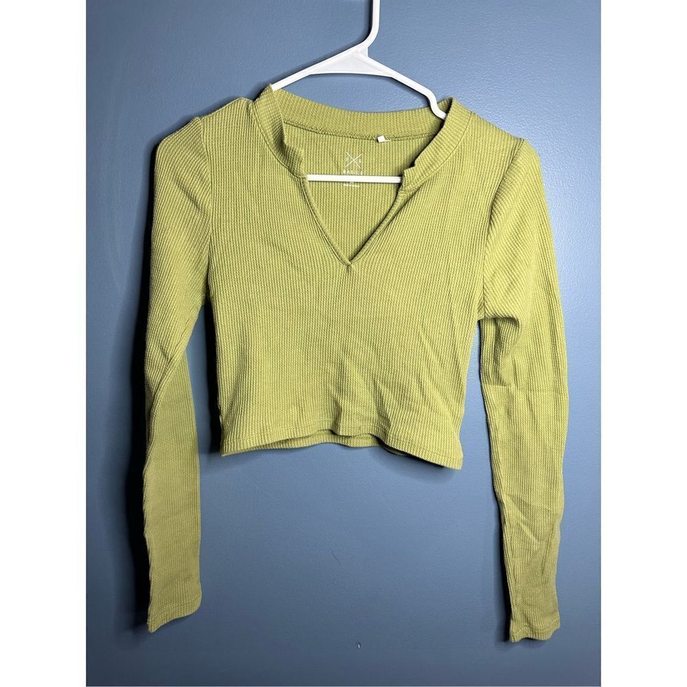 PS Basics by Pacsun Women's Green Waffle Knit V-Neck Pullover Top Size XS